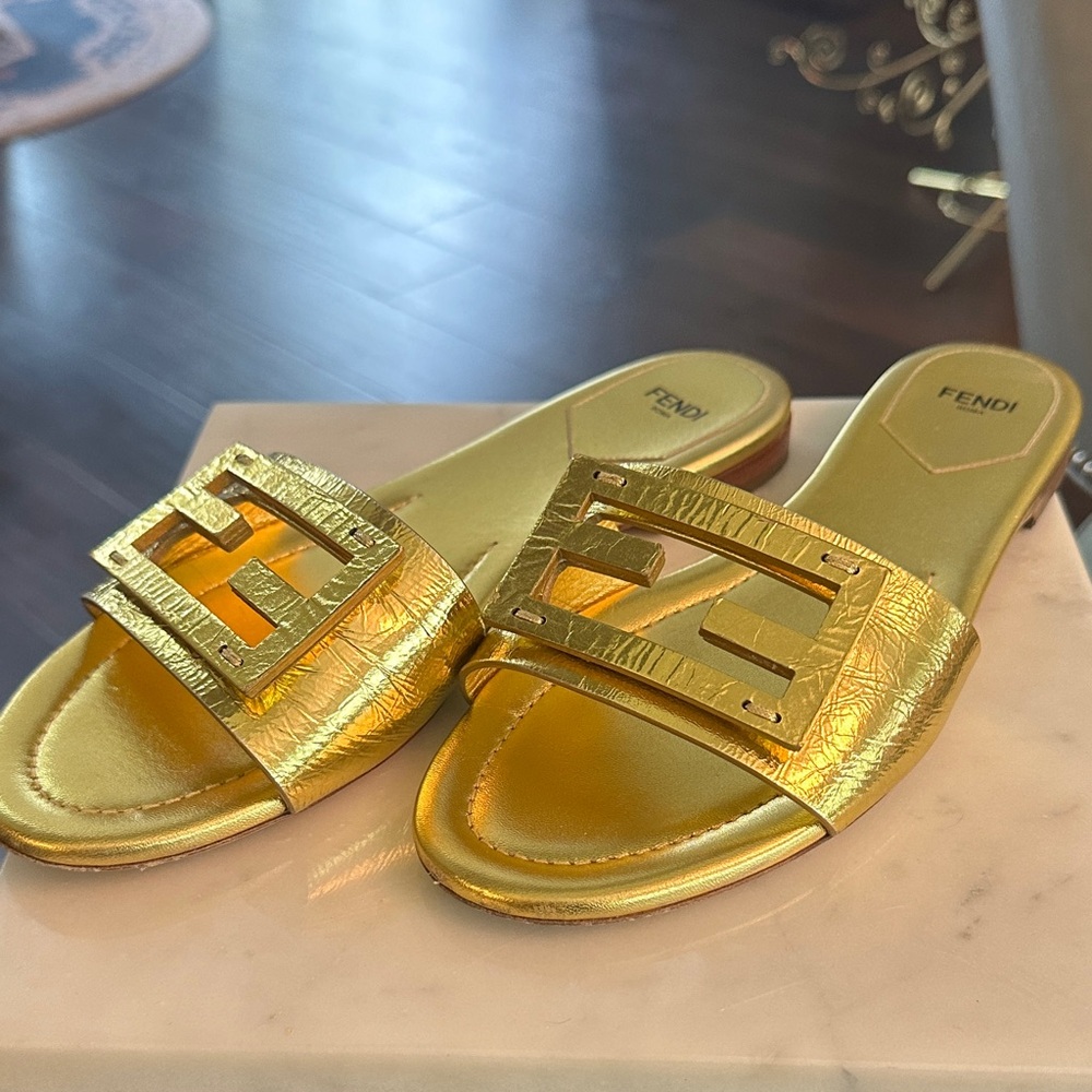 Fendi Metallic Gold Slide Sandals
